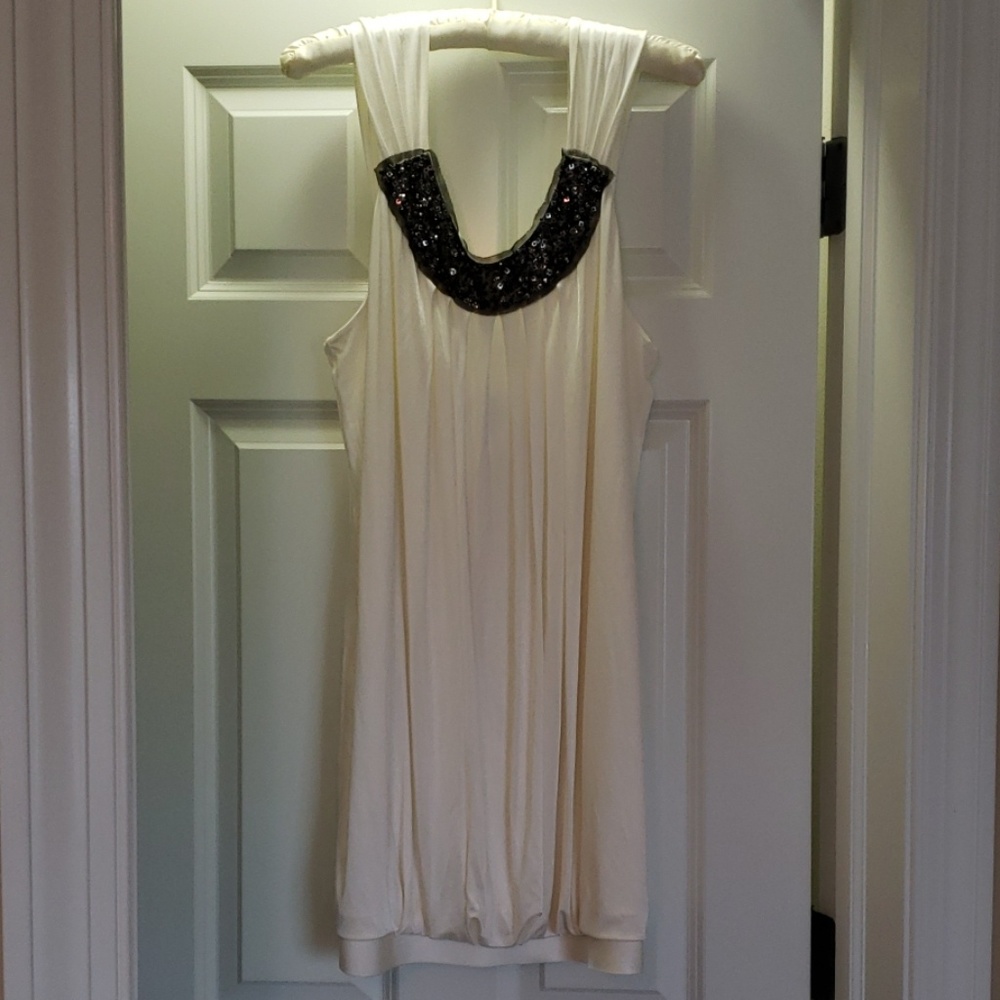 BCBG off white / light cream dress & navy sequin